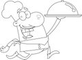 Outlined Smiling Chef Man Cartoon Character Running With Silver Platter