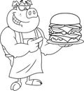 Outlined Smiling Chef Pig Cartoon Mascot Character Pointing To A Double Hamburger Or Cheeseburger