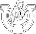 Outlined Smiling Horse Head Cartoon Mascot Character In A Horseshoe