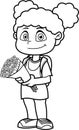 Outlined Smiling School Girl Cartoon Character With Backpack Carrying A Bouquet Of Flowers