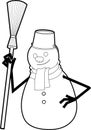 Outlined Smiling Snowman Cartoon Character With Broom And Bucket