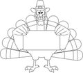 Outlined Smiling Turkey Cartoon Character With Pilgrim Hat Holding A Blank Sign Royalty Free Stock Photo