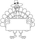 Outlined Smiling Turkey Cartoon Character With Pilgrim Hat Holding A Blank Sign Royalty Free Stock Photo