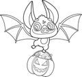 Outlined Smiling Vampire Bat Cartoon Character Flying With A Pumpkin Basket Of Treats