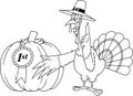 Outlined Thanksgiving Turkey Pilgrim Cartoon Characters Showing A First Prize Winning Pumpkin