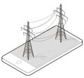 Outlined vector high voltage pylons in mobile phone, isometric perspective.