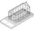 Outlined vector isometric greenhouse with glass walls in mobile phone Royalty Free Stock Photo