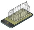 Outlined vector isometric greenhouse with glass walls in mobile phone, isometric perspective. Royalty Free Stock Photo