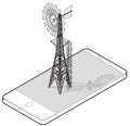 Outlined wind pump for pumping of water on farm in mobile phone. Royalty Free Stock Photo