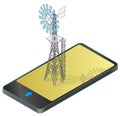 Outlined wind pump for pumping of water on farm in mobile phone. Royalty Free Stock Photo