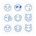 Outlines emoticons angry demon kiss nauseous love smile. Funny stickers