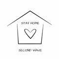 Outlines of house and heart with text Stay Home, Second Wave. Drawn by hand.