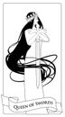 Outlines Queen of Swords with spades crown, holding a sword surrounded by her long hair.