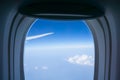 Outlook through plane window while traveling with window surround framing blue sky and clouds with focus on interior widow