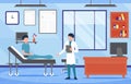 Outpatient department with doctor and patient characters . Hospital scene . Flat design . Vector