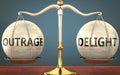 Outrage and delight staying in balance - pictured as a metal scale with weights and labels outrage and delight to symbolize