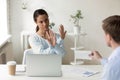 Outraged businesswoman refusing envelope with bribe at workplace Royalty Free Stock Photo