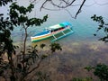 Outrigger boat moored near north shore of Virgin Island, Hundreed Islands National Park, Alaminos, Philippinnes