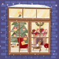 Outside brick wall with window - Christmas tree, furnuture, wreath, fireplace, stack of gifts and pets. Cozy festively decorated