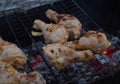 Outside, chicken legs are fried on charcoal grills for dinner. appetizing, juicy fried chicken legs lie on the grill