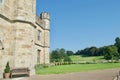 Outside of a European castle on a sunny summer day