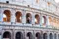 Outside facade wall of Colosseum or Coliseum, known as the Flavian Amphitheatre, is an oval amphitheatre in the center of the city