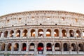 Outside facade wall of Colosseum or Coliseum, known as the Flavian Amphitheatre, is an oval amphitheatre in the center of the city