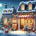 outside illustration of a small coffee shop interior in the winter christmas