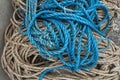 Outside nature photo featuring blue rope texture from a lobster boat Royalty Free Stock Photo