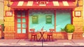 Outside restaurant with table and chair cartoon background. Modern illustration of outdoor restaurant on city street Royalty Free Stock Photo