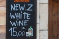 Outside sign outside European restaurant in Antibes promoting New Zealand Wine