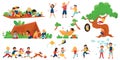 Outside summer tent children playing activity icon set children have fun running hula hooping flying kites and soap bubbles vector