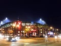 Outside AT&T Park at night as light shine into stadium during s