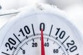 Outside thermometer showing lightly under frozen temperature, zero Celcius degrees or minus 32 Farhenheit