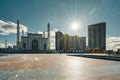 Outside view Mosque Hazrat Sultan in Astana capital of Kazakhstan on a clear day with sun blue sky