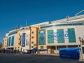 The outside view of Stamford Bridge, the home ground of Chelsea Football Club.