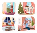 Outside window, collection of illustrations, people look at window, summer, winter, spring, evening