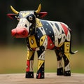 Outsider Art Cow 3d: Geometric Constructivism Wooden Figurine With Colorful Spots