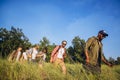 At outskirts of city. Group of friends, young men and women walking, strolling together during picnic in summer forest Royalty Free Stock Photo