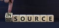 Outsource or insource symbol. Turned a wooden cube and changed the concept word Outsource to Insource. Beautiful grey table grey