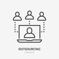 Outsource line icon, vector pictogram of video conference, online team work. Businessman in laptop screen stroke sign