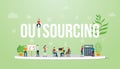 Outsourcing business concept big text with people team work working with modern green color - vector