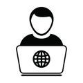 Outsourcing icon vector person with laptop computer male user person profile avatar globe symbol for working online from home