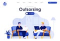 Outsourcing service flat landing page design. Developers working with laptops in armchairs scene with header. Professional and