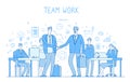 Outsourcing team concept. Creative business teamwork office workers handshaking. Collaboration trendy flat outline