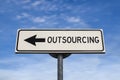 Outsourcing work force. White sign with arrow with offshore. Direction sign. Arrows on a pole pointing in one direction. IT