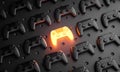 Outstanding Concept. Glowing Gamepad Between Multiple Black Joysticks Background 3D Rendering