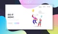 Outstanding Individuality, Unique Landing Page Template. Male Character in Rainbow Clothes Flying on Balloon above Woman