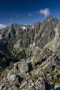 An outstanding mountain landscape of the High Tatras. A view from the Lomnicka Pass on the Slavkovsky Peak and the Prostredny Hrot