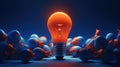 Outstanding Orange light bulb color in middle Surrounded by blue light bulb. Generative AI technology